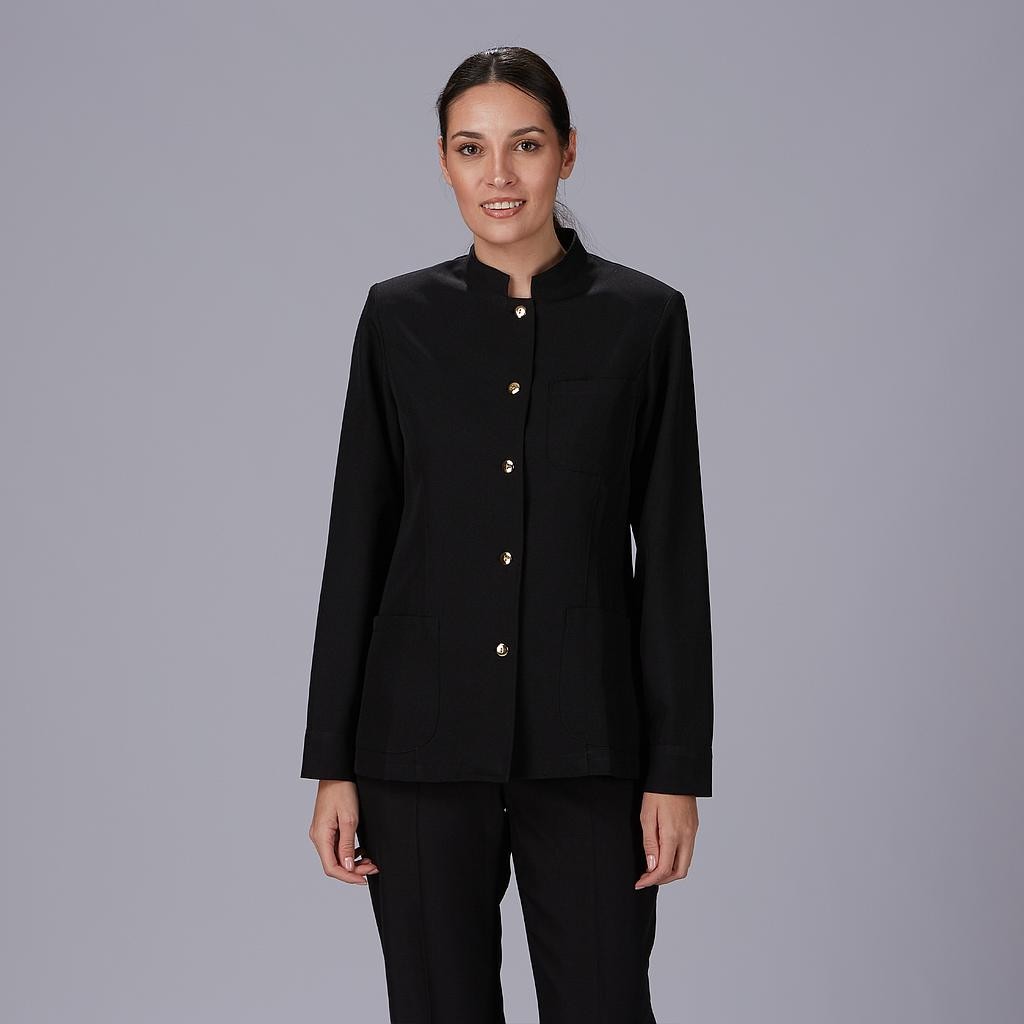 Chaqueta Mujer Cuello Mao Negra con Botón Dorado| Workers Uniformes